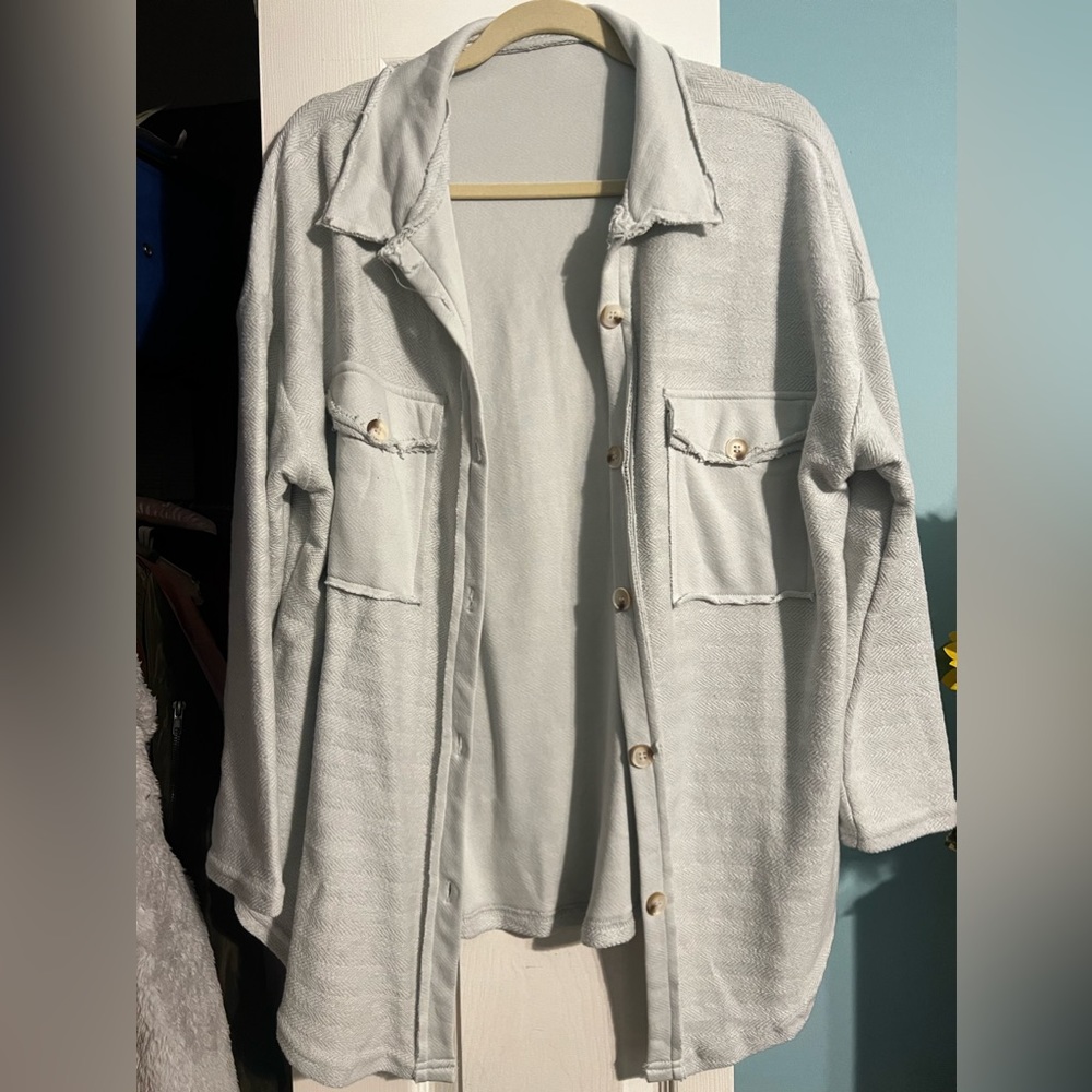 Gray drop shoulder, flap pocket “coat”